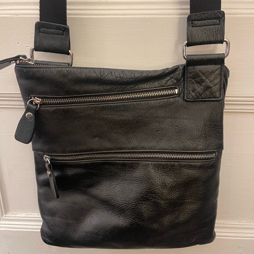 Margot Triple Zip Black Leather Slim Crossbody Messenger